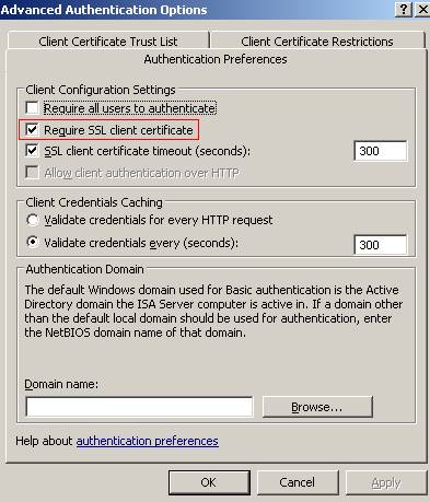 ISA OWA Publishing Rule/Listener Properties/Authentication/Advanced/Authentication Preferences