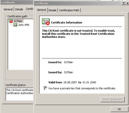 The “John VPN” certificate signed by “DCMain”, the “Certification Path”