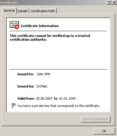 The “John VPN” certificate signed by “DCMain”