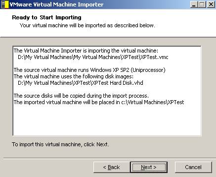 Import Wizard VMware Server: Summary for Custom