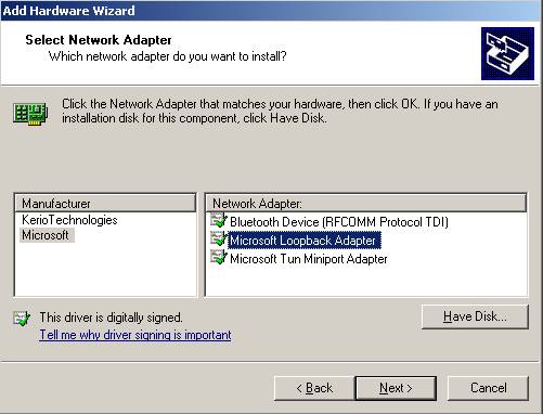 Add Hardware Wizard: Select MS Loopback Adapter