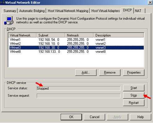 Virtual Network Editor Stop DHCP