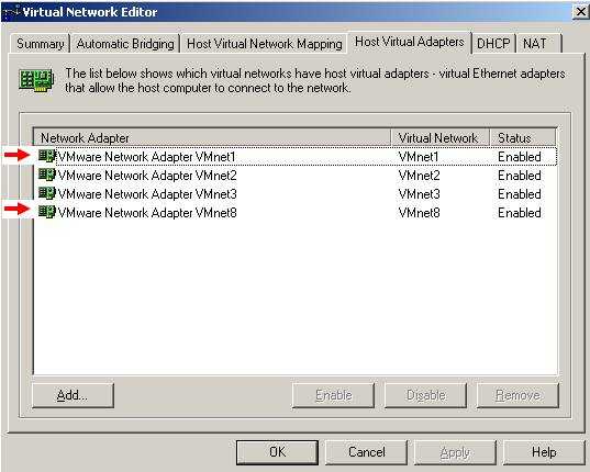 VMware Server Virtual Network Editor: Default Virtual Adapters