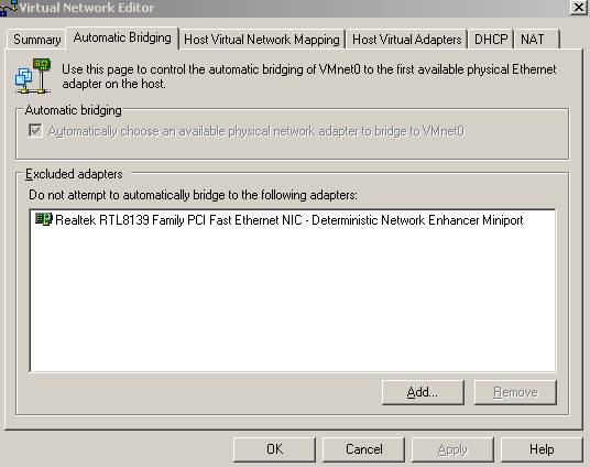 VMware Server Virtual Network Editor: Excluded Adapters