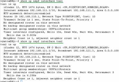 Vyatta HQ GRE/IPsec: show ip ospf interface tun1 and tun2