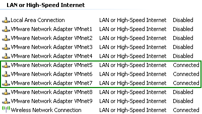 VMware Network Adapters VMnet5, VMnet6 and VMnet7 Enabled