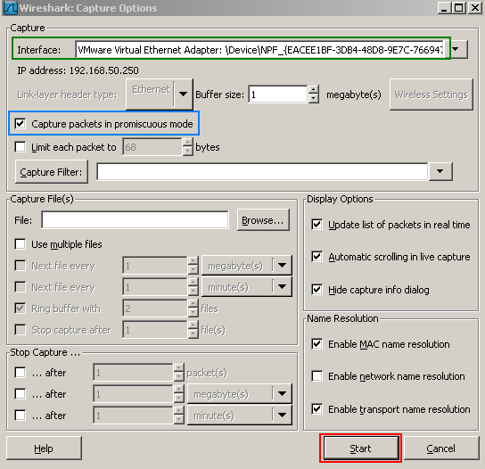 how to do wireshark packet capture in vmware